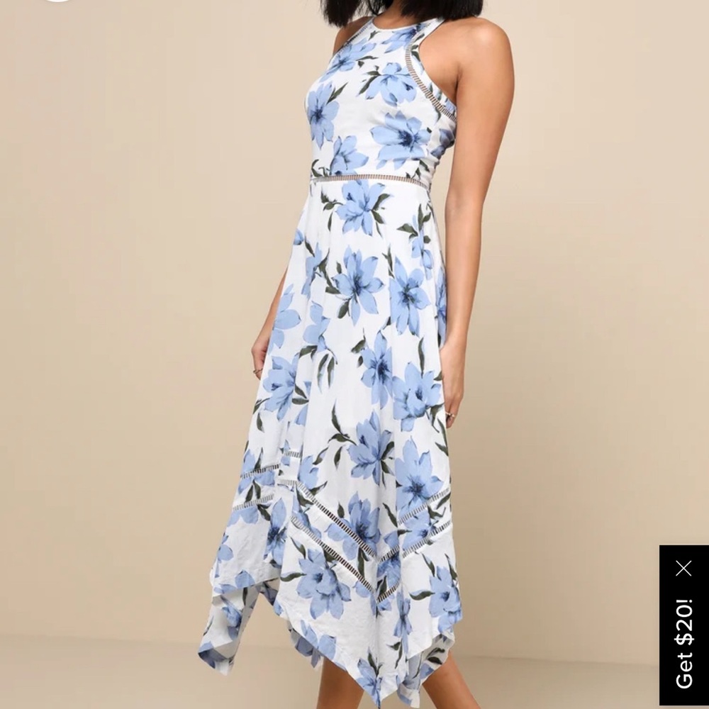 Lulus Zahara Blue and White Floral Print Midi Dress